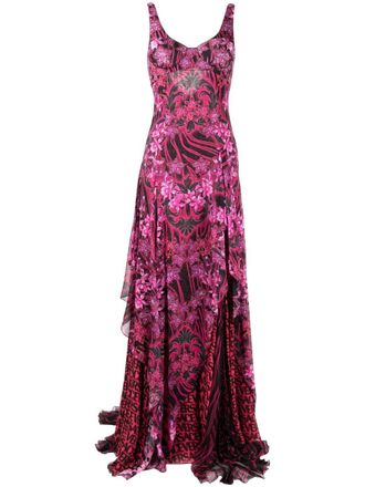 Versace Orchid Barocco-print ruffled silk dress - women - Silk - 40 - Black