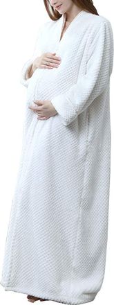 ShiFan Ladies Supersoft Full Zip Plush Dressing Gown Long Luxury Thick Housecoat Lounger White M