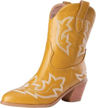 Generic Womens Extra Wide Calf Cowboy Boots Western Fashion Cowgirl Slouchy Booties Ankle Boots Low Heel Slouchy Short
