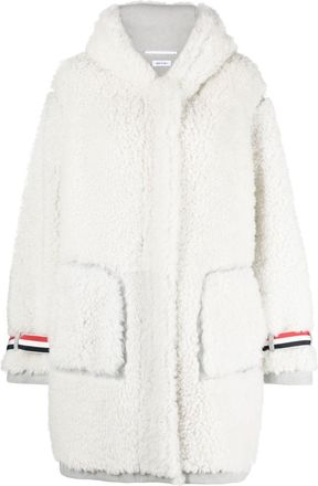 Thom Browne stripe-trim hooded shearling coat - women - Sheep Skin/Shearling - 38 - White