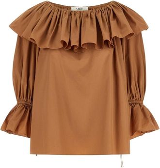 Chlo&eacute; Blouse van geplooide katoenpoplin met ruches - Dames - Blouses - Beige - S - Katoen - Overhemden