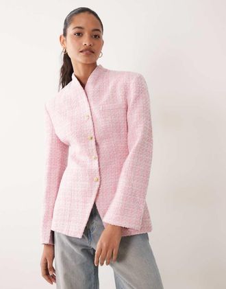 Miss Selfridge blazer senza colletto in boucl&eacute; rosa
