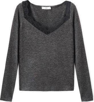 Mango Lace Trim Long Sleeve Top in Medium Heather Grey at Nordstrom, Size X-Large