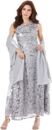Roaman's Plus-Size Allover Lace Embellished Shawl Gown in Silver Shimmer at Nordstrom, Size 24