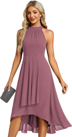 Ever-pretty Midi Halter Neck Chiffon Wedding Guest Dress with Sleeveless and A-Line Orchid 18UK