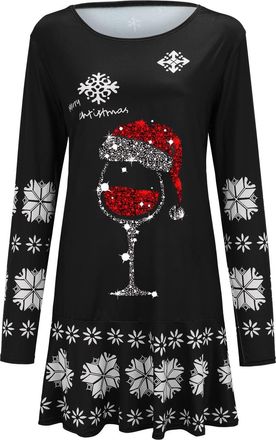 Generic Womens Festive Printed Round Neck Long Sleeve Casual Dress for Autumn Winter Holiday Season Party Wear (Black, XL)