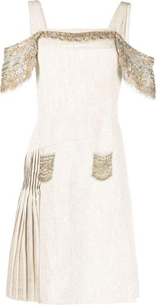 Prada off-the-shoulder detail flared pleated dress - women - Fabric - 38 - Neutrals
