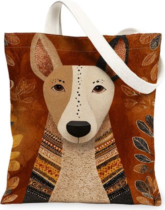 Generic Dog Illustration Canvas Tote Bags, Animal Art Reusable Grocery Bags, Autumn Bohemian Vintage Lightweight Washable Shoulder, Brown, 13x15 Inch