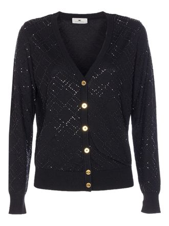 Elisabetta Franchi Diamond-Pattern Black V-Neck Knit Cardigan