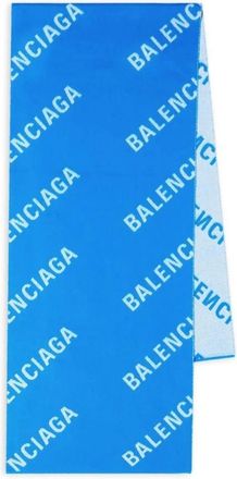 Balenciaga Blauw/Wit Wollen Sjaal met Logo - Dames - Wintersjaals - Blauw - ONE Size - Wol - Accessoires