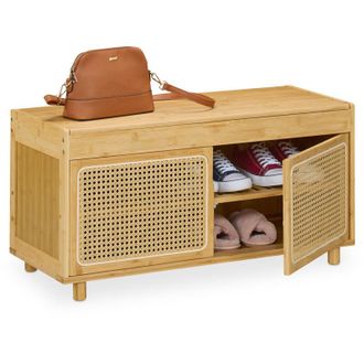 Relaxdays Relaxdays - Panca con Scarpiera da Ingresso, 2 Ripiani Portascarpe con Ante Rattan, hlp: 45x90x37 cm, in Bamb&ugrave;, Naturale