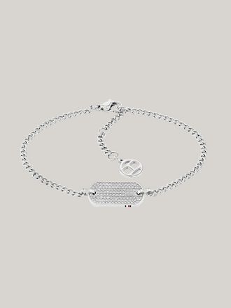 Tommy Hilfiger Womens Crystal Gold-Tone Dog Tag Bracelet - Grey