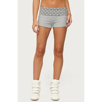 Edikted Presley Stripe & Polka Dot Foldover Shorts in Light-Gray-Melange-And-White at Nordstrom, Size X-Large