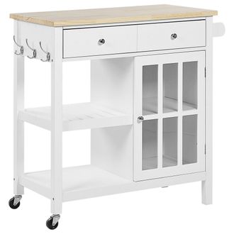 Beliani Carrito De Cocina Mdf Blanco Madera Clara Almacenamiento Superior Estantes Cajones Con Ruedas Estilo Escandinavo Genoa