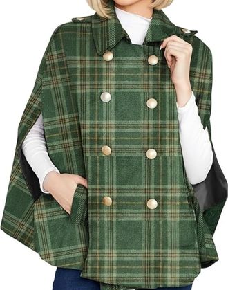 Generic Womens Plaid Winter Cape Coat, Double Breasted Cape with Pockets, Turn Down Plaid Poncho (Green,M)