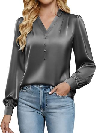 Generic Satin Tops for Women UK - Ladies Satin Silk Blouse Elegant Going Out V Neck Long Sleeve T-Shirt Pleated Banded Collar Shirts Business Casual Work Offi