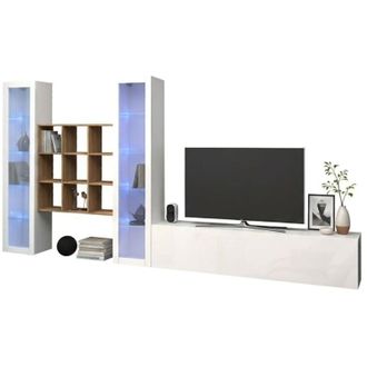 Dmora Dmora - Parete attrezzata Atella, Set salotto porta TV a 3 ante, Mobile soggiorno multiuso con vetrina e luce LED, 100% Made in Italy, cm 350x30h180