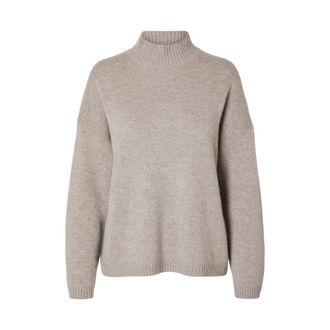 Selected High Neck Gebreide Trui - Dames - Coltruien - Beige - S - Wol - Truien & Vesten