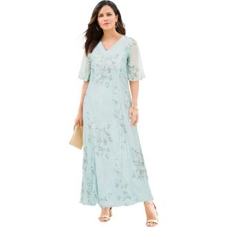 Roaman's Plus-Size Flutter Sleeve Allover Embroidered Gown in Mint Rose Bouquet at Nordstrom, Size 42
