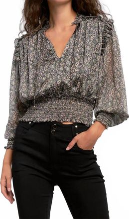 Elan Smocked Waste Top In Black Paisley