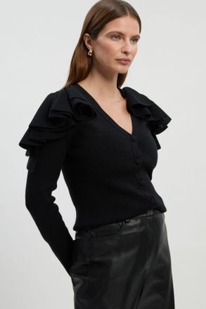 Karen Millen Womens Compact Wool Look Ruffle V Neck Cardigan - Black Viscose - Size X-Small