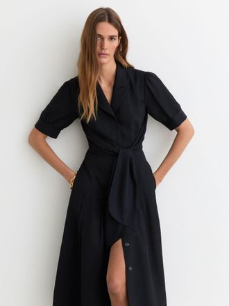 Reiss Navy Short-sleeve Belted Midi Dress With Linen, 10