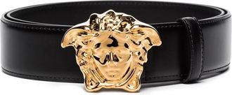 Versace Mens Black-Versace Gold La Medusa Leather Belt, Size 80