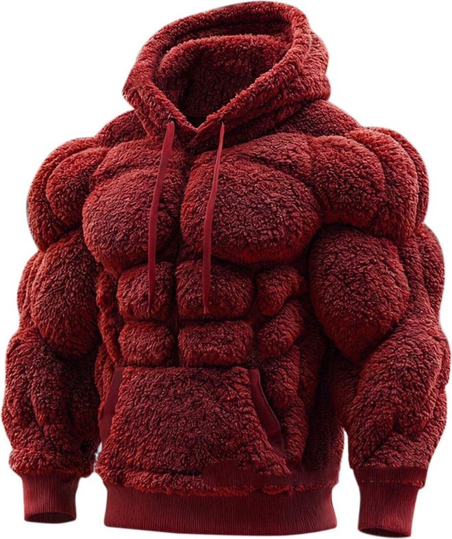 3D Muscle for Men, Warm Plush Lining, Hooded Sweatshirt for Men, Long-Sleeved Pullover for Winter, Relaxing, Activewear, Functional Shirt, Fleece Jack