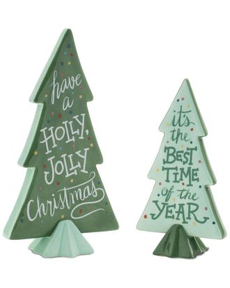 Melrose International Set Of 4 Ceramic Christmas Sentiment Pine Tree