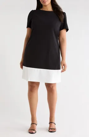 Kasper Short Sleeve Colorblock Shift Dress in Black/Lily White at Nordstrom, Size 14W