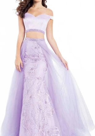 Rachel Allan Two-Piece Off Shoulder Gown With Overskirt In Lilac