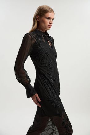 Karen Millen Womens Archive Petite Mesh Embellished Embroidered Sheer Shirt Dress - Black - Size 10 UK