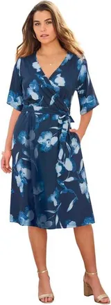 Roaman's Plus Size Short Sleeve Wrap Fit And Flare Dress in Navy Iris Floral at Nordstrom, Size 28