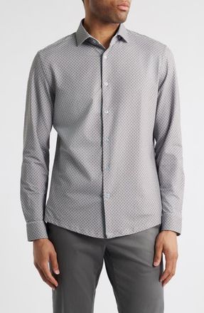 Stone Rose Trim Fit Techno Stretch Diamond Geo Print Performance Button-Up Shirt in Taupe at Nordstrom, Size Small