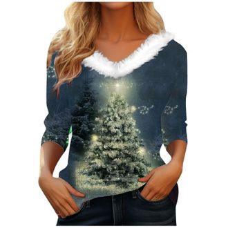 Generic KUIH Christmas Tops for Women UK 2024 Clearance,Fur Trim V Neck Tunic Tops Long Sleeve Tops Part Blouse Shirt Casual Tee Shirts Long Sleeves Xmas Swea