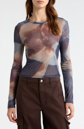 PacSun Orchid Print Long Sleeve Mesh T-Shirt in Blue/Brown Multi at Nordstrom, Size Xx-Small