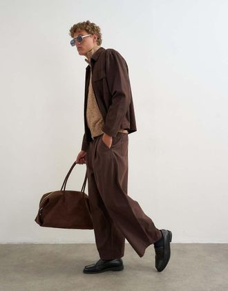 Topman pantaloni balloon fit in twill a spina di pesce marrone