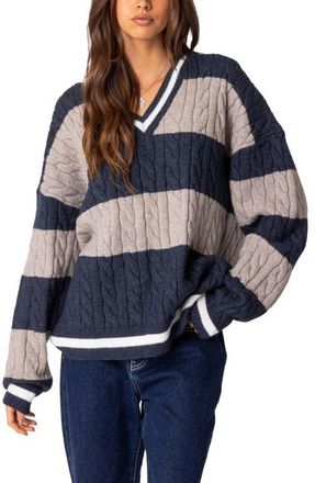 Edikted Romie Cable Knit V-Neck Sweater in Navy at Nordstrom, Size X-Small