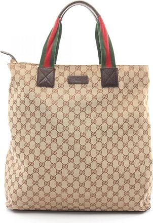 Gucci Beige Multi-Color Canvas Leather Handbag Tote Bag (Pre-Owned)