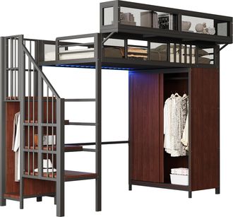 STILVORA Cama Alta 90 X 200 Cm Con Armario, Estantes, Led Y Escalera De Almacenamiento, Sin Colch&oacute;n, De Metal Y Madera, Negro