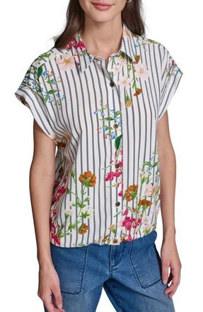 Karl Lagerfeld Floral & Stripe Button-Up Shirt in Soft White/midnight Navy Combo at Nordstrom, Size X-Small
