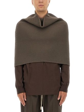 Rick Owens Ribbed Knitted Cape With Structured Collar