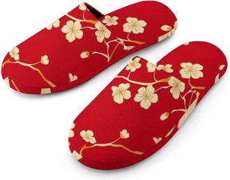 Generic Chinese New Year Floral Mens Cozy House Slippers Winter Warm Shoes with Anti-Slip Sole for Travel Indoor Outdoor