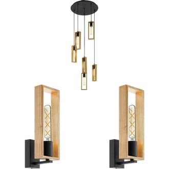 Loops Ceiling Pendant Light & 2x Matching Wall Lights Black & Wood Box Feature Lamp