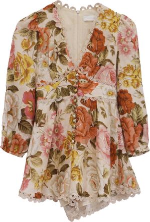 Zimmermann Bonita Floral-Print Rompers in Multicolor Linen