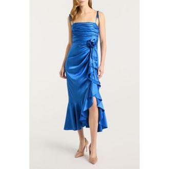Cinq &agrave; Sept Mireya Ruched Ruffle Sleeveless Silk Maxi Dress in Cobalt Wave at Nordstrom, Size 12