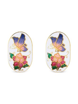 Susan Caplan Vintage Orecchini Cloisonn&eacute; a fiori anni 80 - Oro