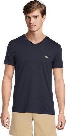 Lacoste Short Sleeve V-Neck Pima Jersey T-Shirts Mens T Shirt Navy Blue : 3 (SM), Cotton/Jersey