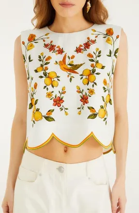 Farm Rio Lemon Bouquet Floral Linen Blend Crop Top in Lemon Bouquet Off-White at Nordstrom, Size X-Large