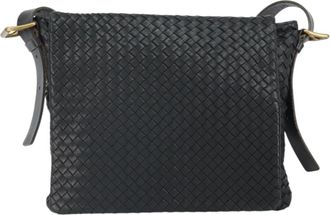 Bottega Veneta Square Flap Messenger Intrecciato Nappa Black Leather Handbag (Pre-Owned)